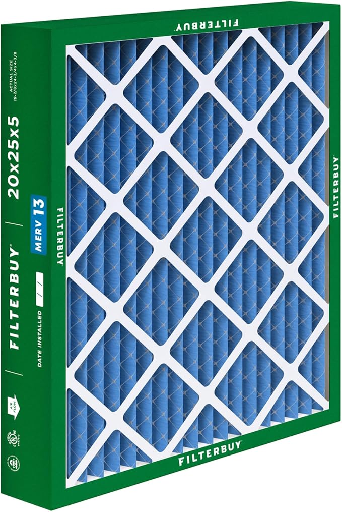 Filterbuy 20x25x5 Air Filter MERV 13 Optimal Smoke & Allergy Defense (2-Pack), Pleated HVAC AC Furnace Filters for Honeywell FC100A1037, Lennox X6673, and More (Actual Size: 19.88 x 24.75 x 4.38)