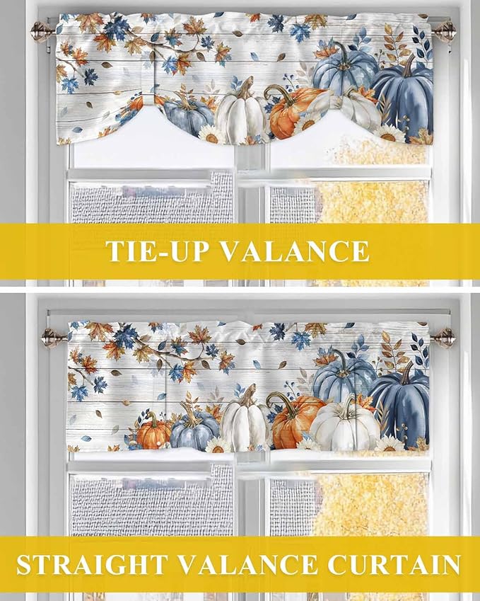 Thanksgiving Pumpkin Tie Up Valance Curtains for Windows, Kitchen Curtains Window Shades, Fall Maple Leaf Daisy Wooden Grain Light Filter Roman Curtain Valances for Bedroom/Bathroom/Cafe 42'' x 18''