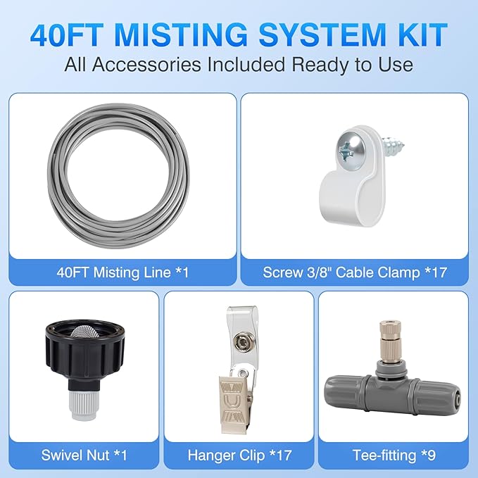 40FT Misters for Outside Patio - 9 Mist Nozzles & 3/4'' Adapter, Water Misters for Cooling Outdoor, Easy to Install, Misting System for Patio, Pool, Garden, Waterpark, Trampoline, Greenhouse