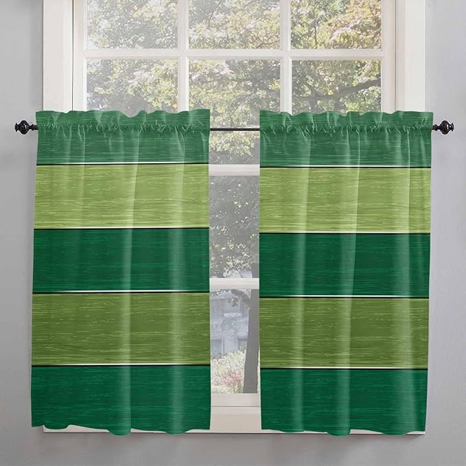 Farm Retro Green Wood Grain Window Valance Curtains, Rustic Wooden Plank Texture Light Filtering Kitchen Valance with 3-inch Rod Pocket for Living Room Bathroom Bedroom,2 Panel,52x45In