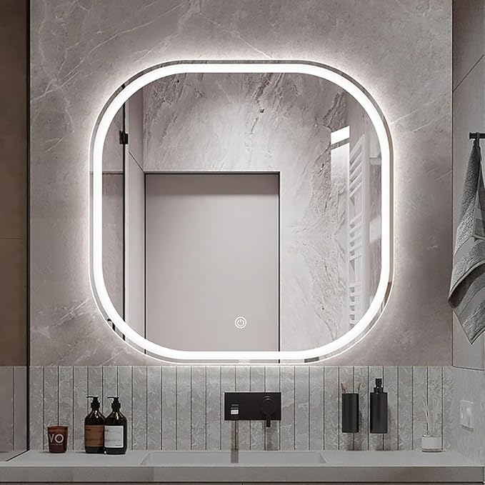 JSLJDM 500X500 mm Illuminated Backlit LED Bathroom Mirror, Wall Mounted Multifunction Bathroom Vanity Mirror with Lights and Demister Pad, Energy-Saving Illuminated Smart Mirror 60cm tricolorlight