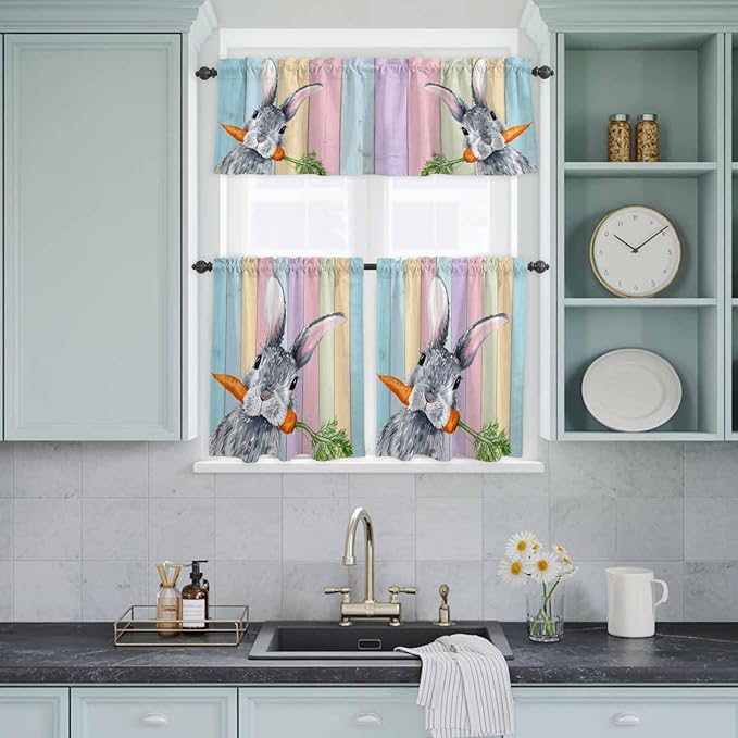 Easter Kitchen Curtain Set, Spring Grey Rabbit Carrots Colorful Wooden Plank Window Valance and Tiers 24" Length, Light Filtering Short Curtains Valance for Cafe Bathroom Bedroom 54"x18"