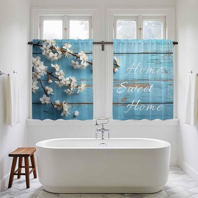 Farmhouse Wooden Grain Kitchen Curtains, Vintage Shabby Chic Flower Blue Light Filtering Window Curtain Panels, 2Pcs Rod Pocket Window Treatments Set for RV Dining Room Study Room 42x54 Inches