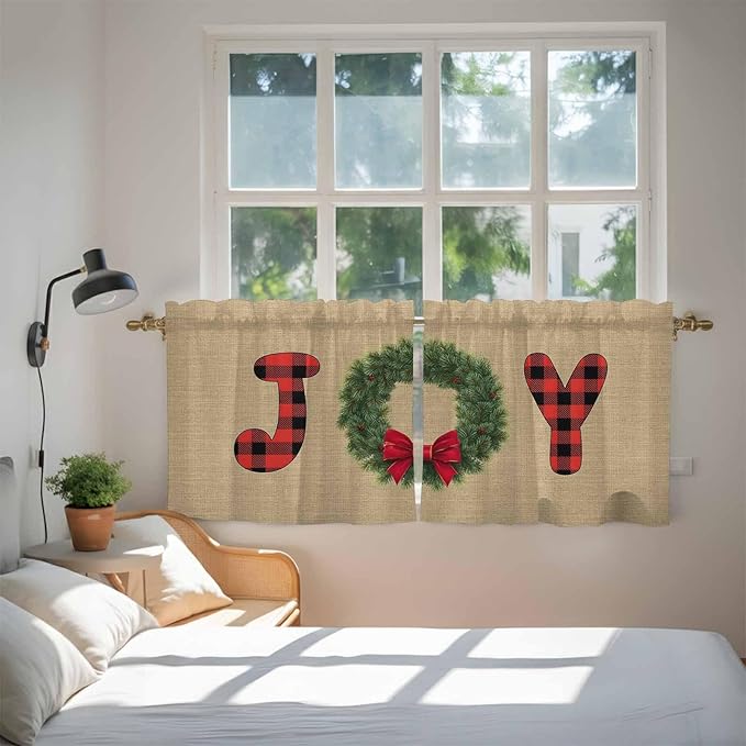 Red Green Christmas Kitchen Tier Curtains 36 Inch Long 2 Panel Set,Rod Pocket Half Window Curtains Over Sink,Xmas Botanical Winter Farmhouse Short Drapes for Bathroom Cafe 27.5"W x 36"L