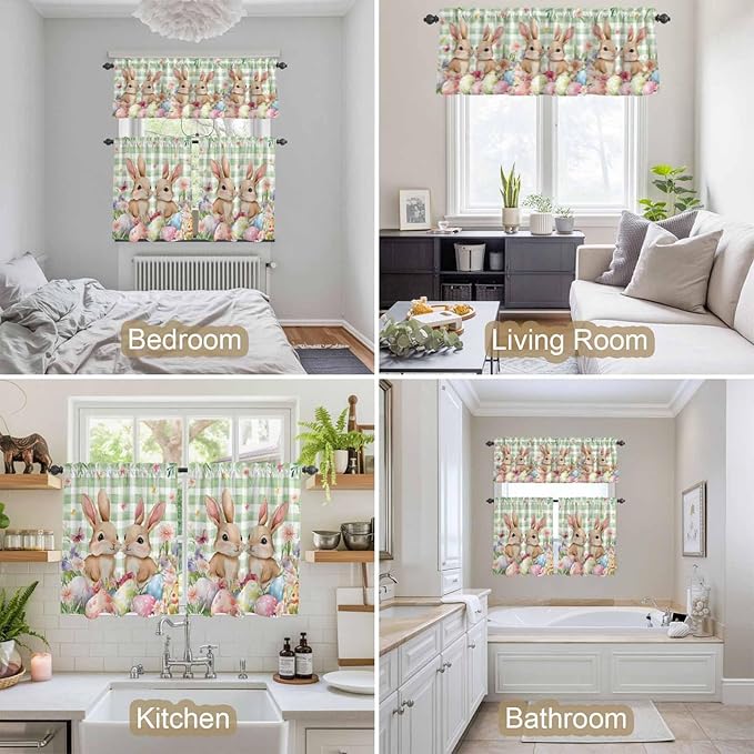 Easter Kitchen Curtains Set 3 Piece for Windows, Rod Pocket Valance and Tier Set 36 Inch Length, Spring Rabbit Eggs Flower Butterfly Green Plaid Light Filtering Cafe Curtains for Living Room Bathroom