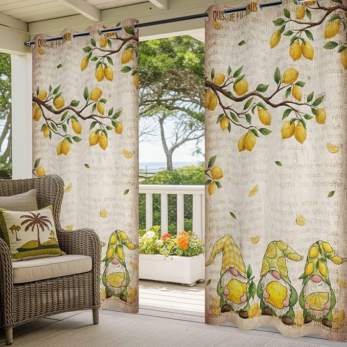 Summer Gnome Outdoor Curtains for Patio Gnome Lemon Leaf Vintage Waterproof Outside Curtains with Grommet Top Weatherproof Curtain for Cabana Pergola Gazebo, 1 Panel, 54" W x 84" L