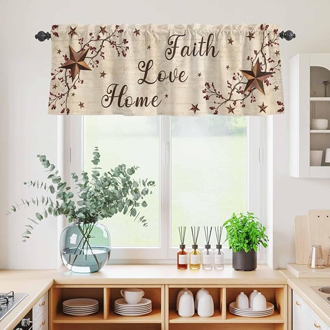 Kitchen Curtains Tiers and Valance Set of 3, Brown Farmhouse Light Filtering Window Curtain Set, Retro Country Stars Rustic Branches Berry Rod Pocket Curtain Drapes for Living Room, 24 Inches Tiers