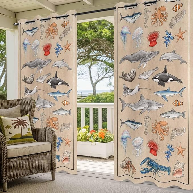 Vintage Outdoor Curtains for Patio Sharks Whales Lobsters Biographies Waterproof Outside Curtains with Grommet Top Weatherproof Curtain for Cabana Pergola Gazebo, 1 Panel, 54" W x 84" L