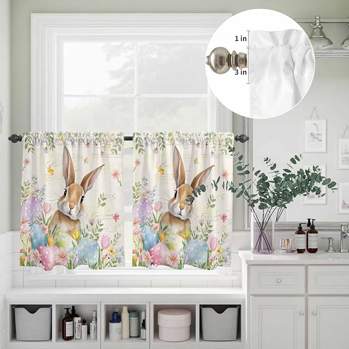 Kitchen Curtains Tiers and Valance Set of 3, Easter Light Filtering Window Curtain Set, Pastoral Spring Bunny Eggs Botanical Flowers Leaf Rod Pocket Curtain Drapes for Living Room, 36 Inches Tiers