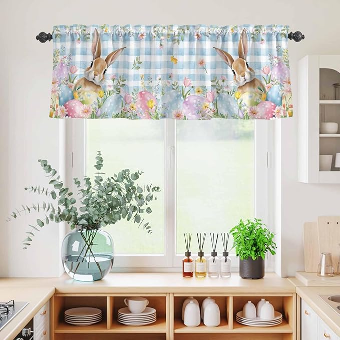 Kitchen Curtains Tiers and Valance Set of 3, Easter Light Filtering Window Curtain Set, Spring Rabbit Eggs Seasonal Flowers Blue Lattice Rod Pocket Curtain Drapes for Living Room, 24 Inches Tiers
