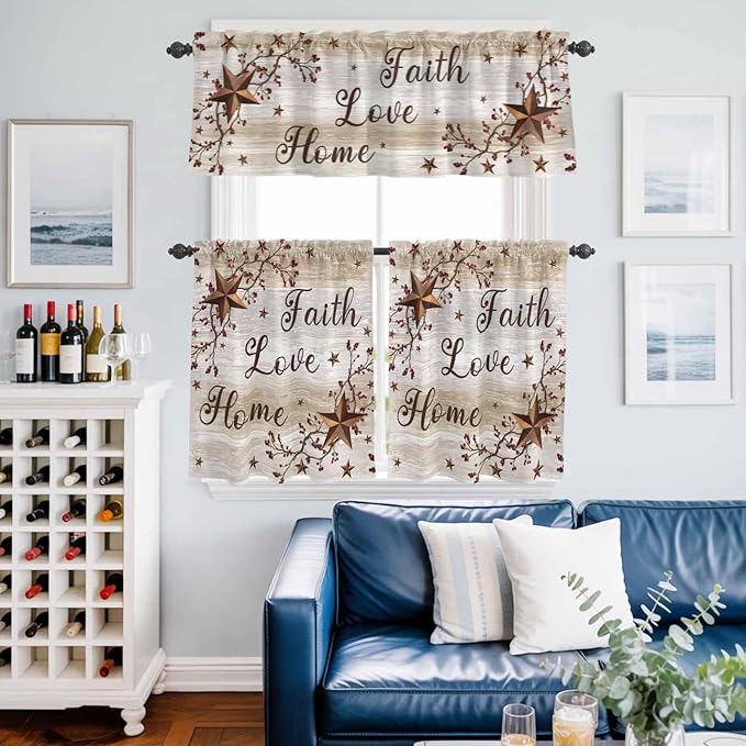 Kitchen Curtains Tiers and Valance Set of 3, Texas Star Brown Light Filtering Window Curtain Set, Farmhouse Retro Branches Wooden Grain Rod Pocket Curtain Drapes for Cafe, Living Room, 36 Inches Tiers