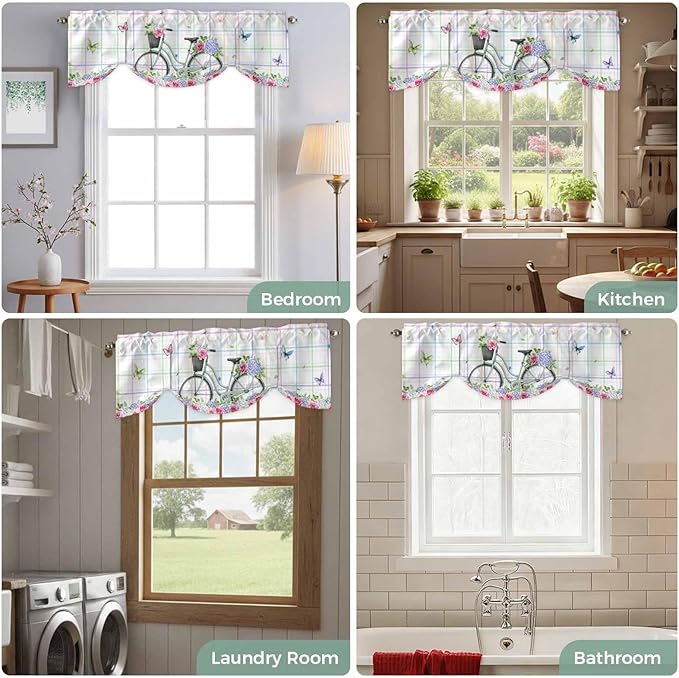 Spring Tie Up Valance Curtains for Windows, Kitchen Curtains Window Shades, Bicycles Botanical Leaves Rose Colorful Stripes Light Filtering Roman Curtain Valances for Bedroom/Bathroom/Cafe 60"x18"