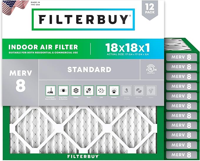 Filterbuy 18x18x1 Air Filter MERV 8 Essential Dust & Allergy Defense (12-Pack), Electrostatic Pleated HVAC AC Furnace Filters Replacement, Made in USA (Actual Size: 17.75 x 17.75 x 0.75)