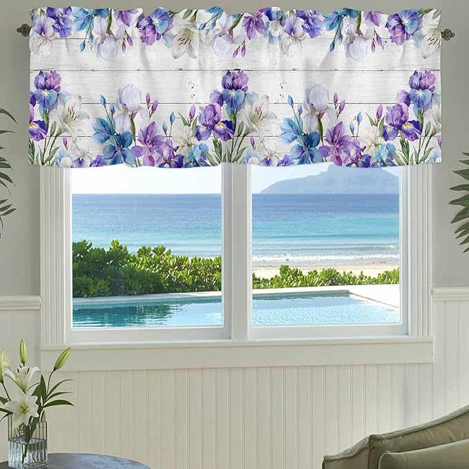Spring Flowers Curtain Valances for Windows, Kitchen Valance Window Treatment, Watercolor Garden Florals Wooden Grain Light Filtering Block Curtains for Bathroom/Bedroom/Living Room 60'' x 18''