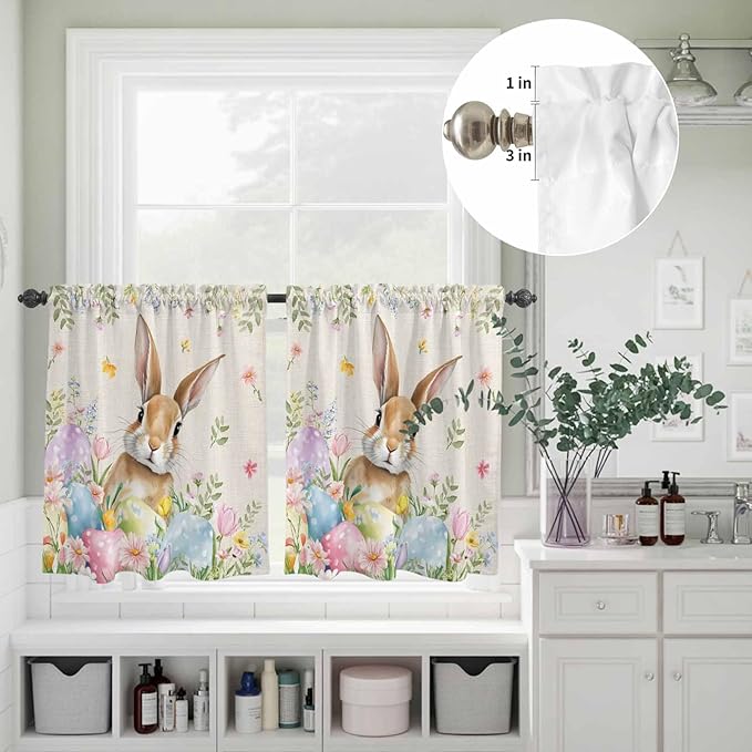 Kitchen Curtains Tiers and Valance Set of 3, Easter Light Filtering Window Curtain Set, Vintage Spring Bunny Eggs Farmhouse Floral Leaves Rod Pocket Curtain Drapes for Living Room, 24 Inches Tiers