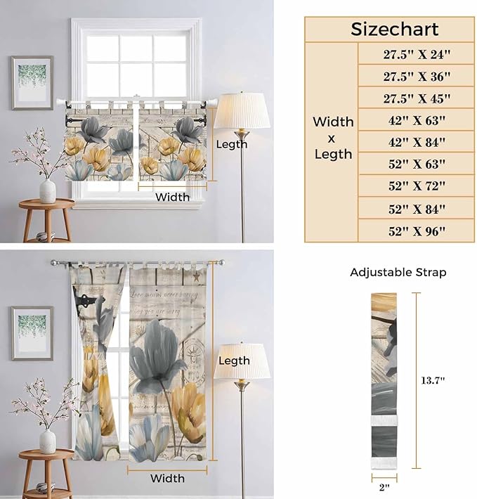 Spring Tulips Flower Living Room Curtains 84 Inch Length, Window Curtains Tab Top, Vintage Floral Barn Doors Rustic Beige Light Filtering Window Treatments Drapes 52"x84" 2 Panel