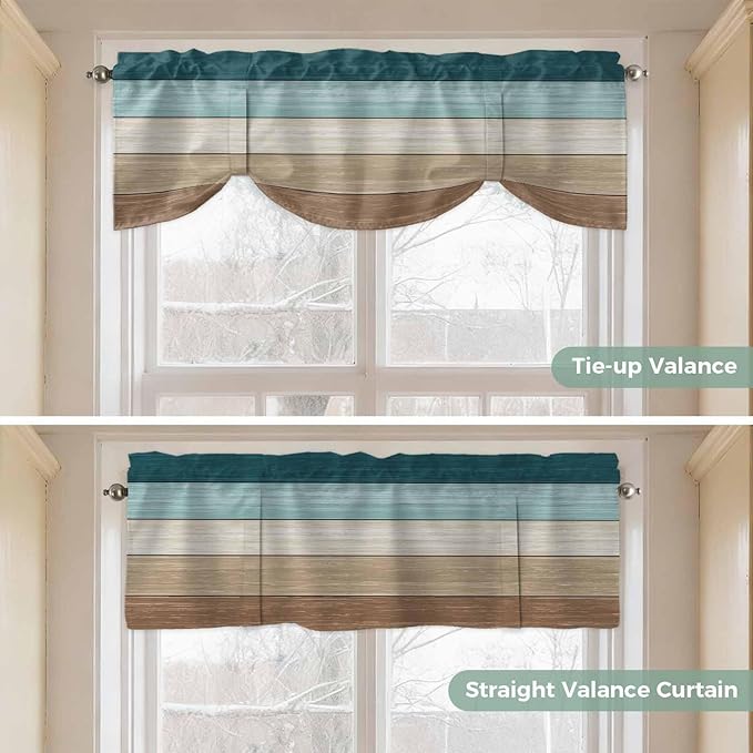 Teal Brown Tie Up Valance Curtains for Windows, Kitchen Curtains Window Shades, Farmhouse Vintage Abstract Wooden Grain Light Filtering Roman Curtain Valances for Bedroom/Bathroom/Cafe 42"x18"