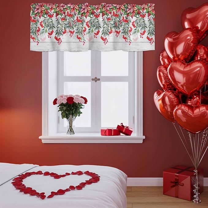 Poinsettia Berry Valance Curtains for Kitchen, Red Floral Winter Plants Vintage Wood Grain Privacy Rod Pocket Valance Curtain, Light-Filtering Window Treatment for Bedroom Bathroom, 42"x18"