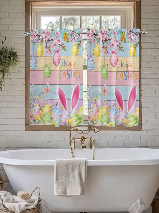 Colorful Easter Kitchen Curtains 45 Inches length, Spring Watercolor Bunny Egg Flower Wood Grain Window Treatment Curtain Drapes, Lightweight Window Panels for Living Room Bedroom, 52"x45", 2 Panels