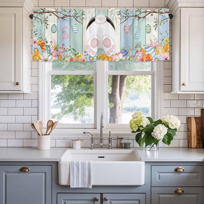 Easter Curtain Valances for Windows, Kitchen Valance Window Treatment, Spring Watercolor Bunny Eggs Wood Grain Teal Blue Light Filtering Block Curtains for Bathroom/Bedroom/Living Room 60'' x 18''