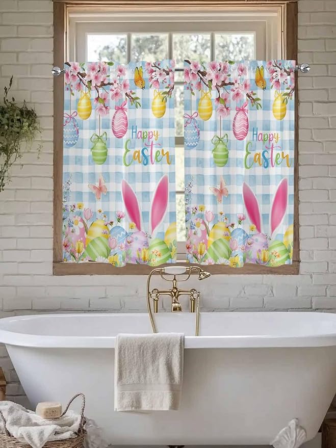 Happy Easter Tier Curtains 45 Inches Long, Spring Watercolor Bunny Eggs Flower Blue Plaid Window Treatment Curtain Drapes, Small Curtain Drapes for Bathroom Laundry Room, 27.5"x45", 2 Panels