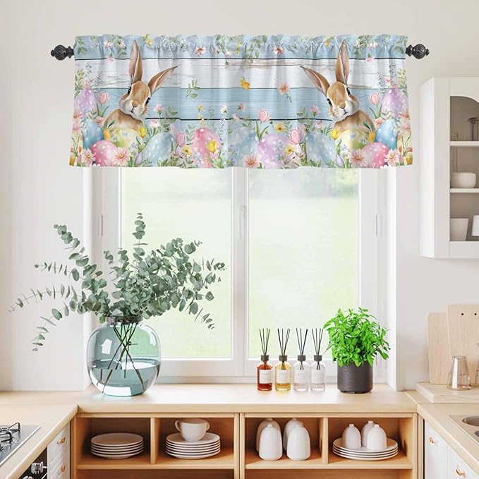 Kitchen Curtains Tiers and Valance Set of 3, Easter Light Filtering Window Curtain Set, Farmhouse Spring Rabbit Eggs Flowers Wooden Board Rod Pocket Curtain Drapes for Living Room, 24 Inches Tiers