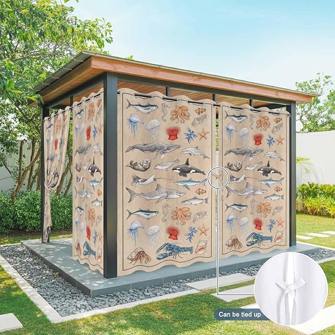 Vintage Outdoor Curtains for Patio Sharks Whales Lobsters Biographies Waterproof Outside Curtains with Grommet Top Weatherproof Curtain for Cabana Pergola Gazebo, 2 Pack, 54" W x 95" L