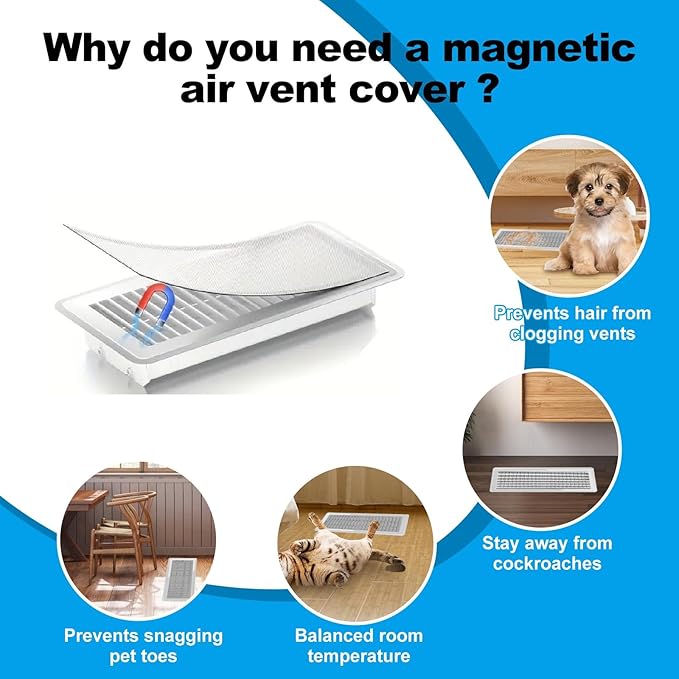 6-Pack White Magnetic Vent Covers 4.7x10.2 Inch - Universal Fit for Floor, Wall & Ceiling Registers (5"-6" Width x 10"-12"Length) | High Airflow Mesh Design | Tool-Free Easy Installation