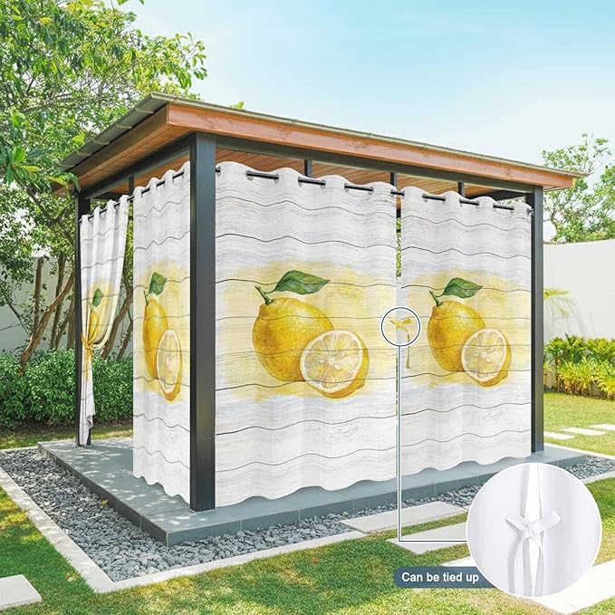 Lemons Yellow Summer Fruit Vintage Wood Outdoor Curtains for Patio Waterproof Outside Curtains with Grommet Top Weatherproof Curtain for Cabana Pergola Gazebo, 2 Pack, 54" W x 95" L