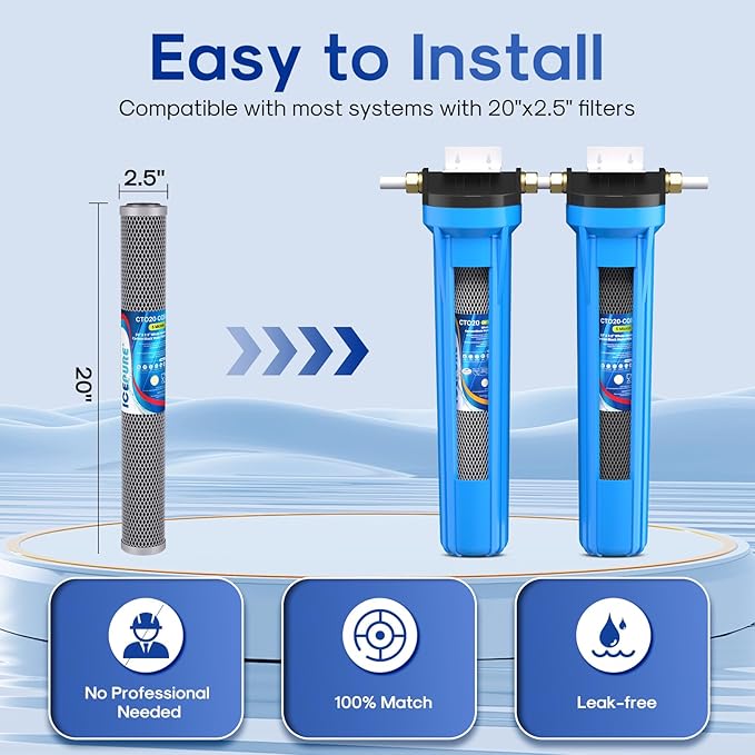 ICEPURE 2.5"x 20" Whole House Carbon Sediment Water Filter High Capacity Combo Kit, Carbon Block Cartridge and Activated Carbon Heavy Metal Removal Filter Replacement for C1-20, EP-20, F3WCB32, 1 PACK