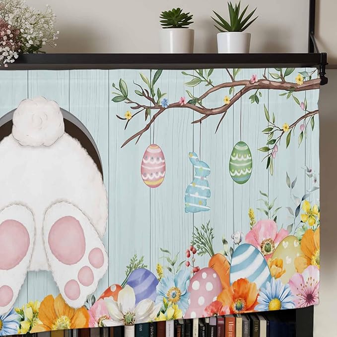 Easter Bunny Curtain Valances for Windows, Kitchen Valance Window Treatment, Easter Eggs Spring Farmhouse Wood Grain Teal Blue Light Filter Block Curtains for Bathroom/Bedroom/Living Room 54'' x 18''