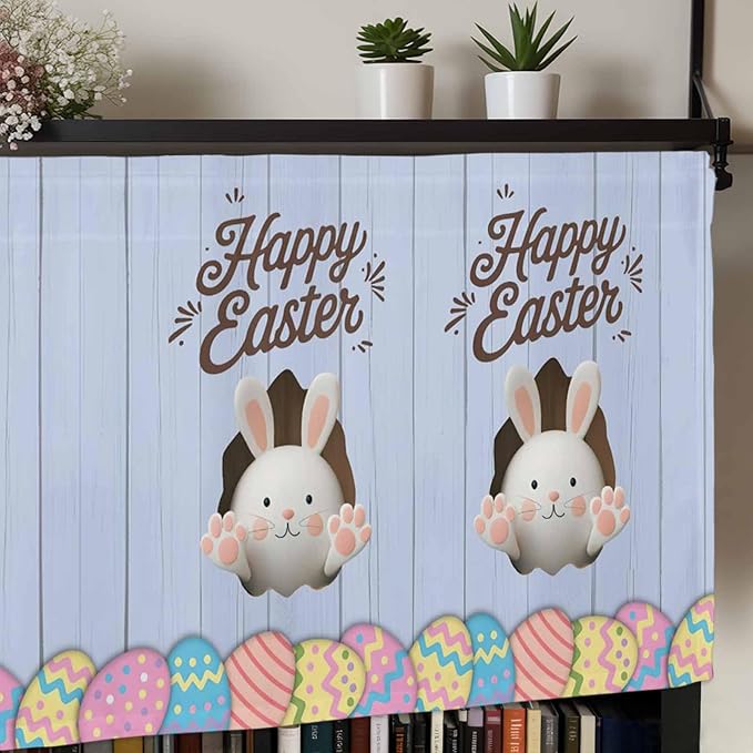 Blue Easter Curtain Valances for Windows, Kitchen Valance Window Treatment, Spring Cartoon Bunny Colorful Eggs Wood Grain Light Filtering Block Curtains for Bathroom/Bedroom/Living Room 42'' x 12''