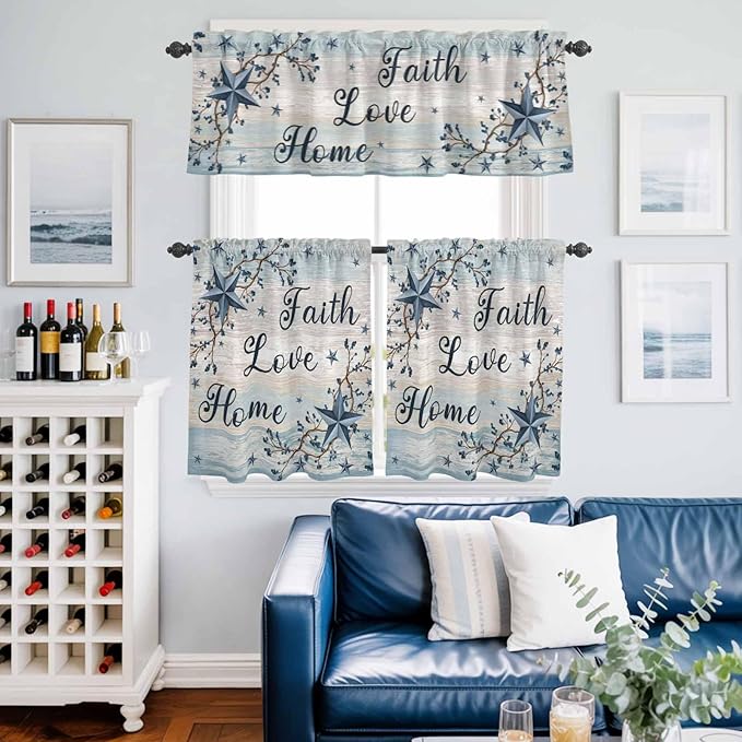 Vintage Farmhouse Kitchen Curtains Set 3 Piece for Windows, Rod Pocket Valance and Tier Set 36 Inch Length, Blue Country Texas Star Vines Wooden Light Filtering Cafe Curtains for Living Room Bathroom