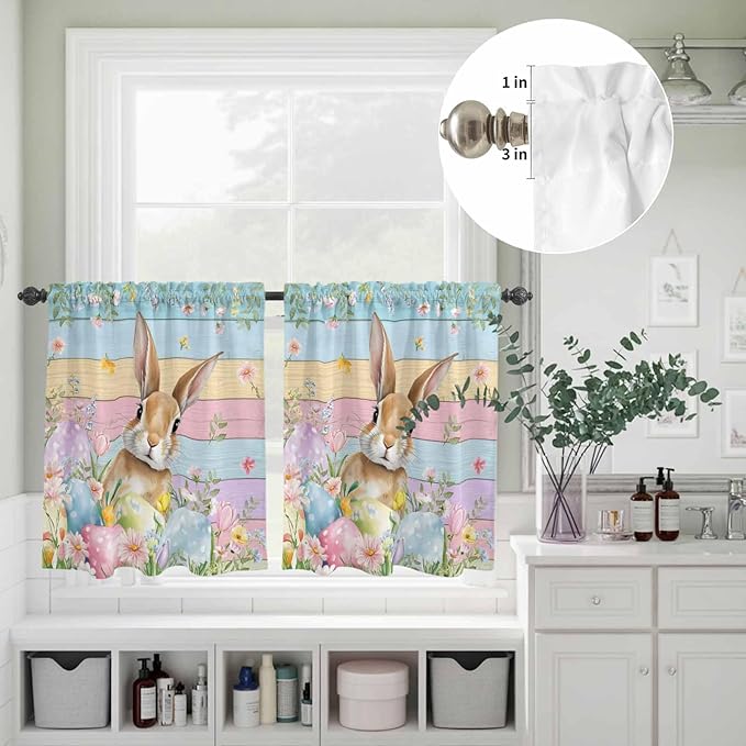 Kitchen Curtains Tiers and Valance Set of 3, Easter Light Filtering Window Curtain Set, Spring Rabbit Eggs Floral Colorful Wooden Grain Rod Pocket Curtain Drapes for Cafe, Living Room, 24 Inches Tiers