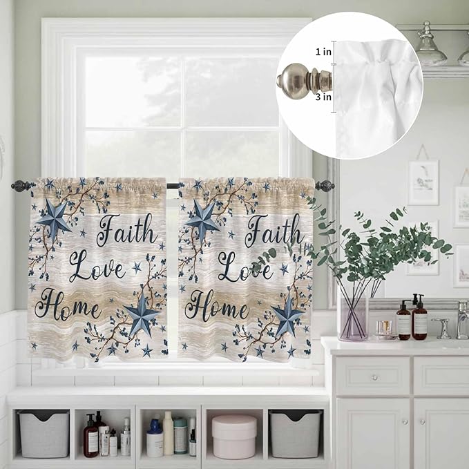 Kitchen Curtains Tiers and Valance Set of 3, Vintage Country Light Filtering Window Curtain Set, Blue Rustic Texas Star Vines Wooden Grain Rod Pocket Curtain Drapes for Living Room, 24 Inches Tiers