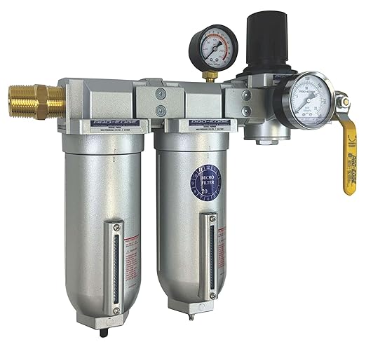 3/4" NPT Industrial (3-Stage) Moisture Removing Particulate Filter Water Separator and Oil, Moisture Vapor Removing Coalescing Filter and Air Pressure Regulator