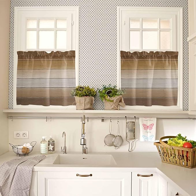 Vintage Brown Gradient Wood Grain Window Valance Curtains, Farmhouse Wood Barn Light Filtering Kitchen Valance with 3-inch Rod Pocket for Living Room Bathroom Bedroom,2 Panel,27.5x36In