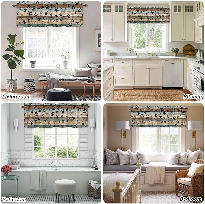 Dog Paws Valance Curtains for Kitchen, Teal Brown Wood Grain Privacy Rod Pocket Valance Curtain, Light-Filtering Window Treatment for Bedroom Bathroom, 42"x12"