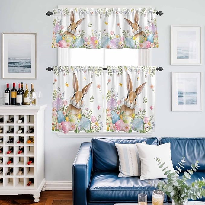 Kitchen Curtains Tiers and Valance Set of 3, Easter Light Filtering Window Curtain Set, Spring Rabbit Colorful Eggs Budding Florals Leaf Rod Pocket Curtain Drapes for Living Room, 36 Inches Tiers