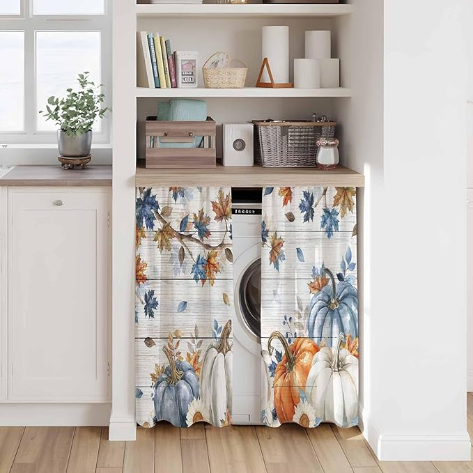 Thanksgiving Pumpkin Kitchen Curtains 45 Inch Long 2 Panel Set, Rod Pocket Window Treatment, Fall Maple Leaf Daisy Wooden Grain Light Filtering Panels Short Drapes for Bathroom Camper 42"W x 45"L