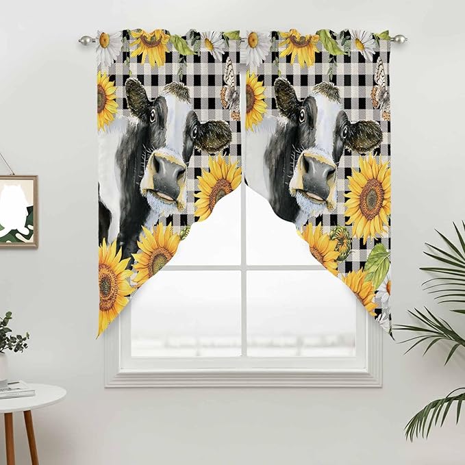 Retro Sunflowers Swag Valances for Windows, Farmhouse Floral Cow Butterfly Black Plaid Rod Pocket Kitchen Curtains Valance, Small Window Curtains Swag for Cafe Living Room, 2 Panels, 36x36 inch