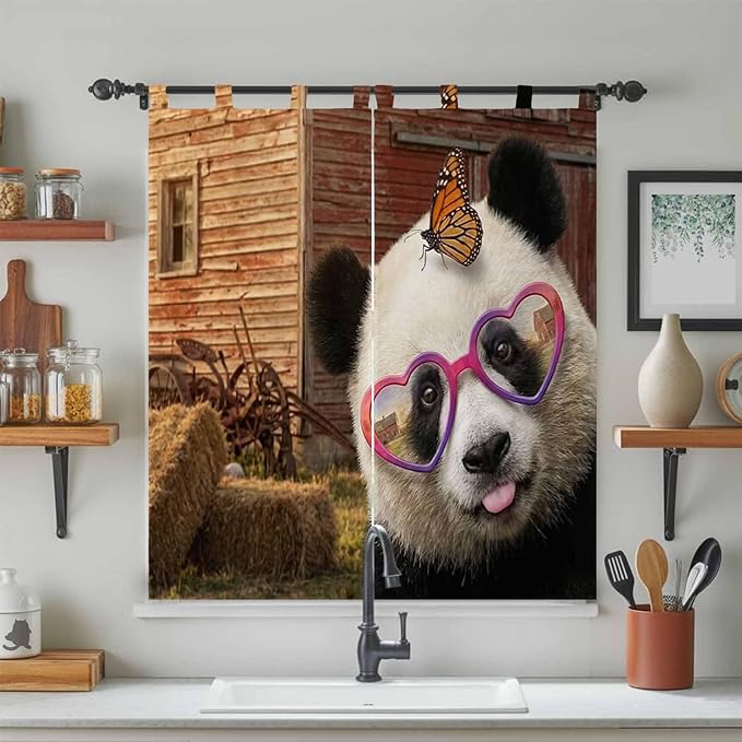 Farm Panda Bedroom Curtains 72 Inch Length, Window Curtains Tab Top, Farmhouse Barn Funny Animals Butterfly Light Filtering Window Treatments Drapes 52"x72" 2 Panel