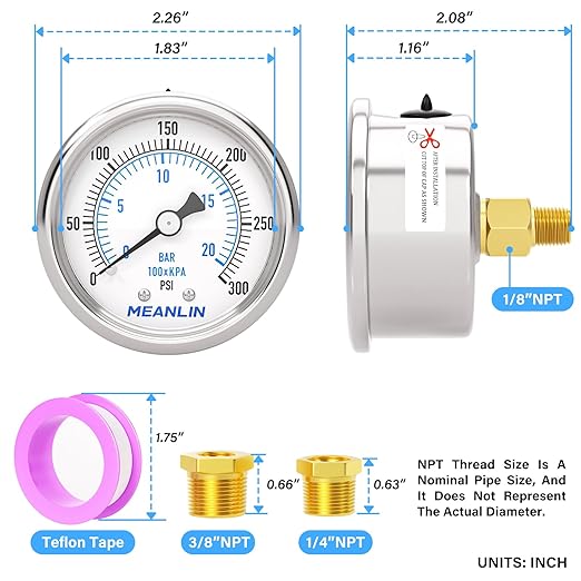 MEANLIN MEASURE 0~300Psi Dry Pressure Gauge Stainless Steel 1/8" NPT 2" FACE DIAL Waterproof for Air Compressor Air Regulator Water Filter Back Mount, with 1/4" NPT and 3/8" NPT Hex Bushing