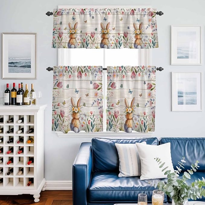 Kitchen Curtains Tiers and Valance Set of 3, Easter Light Filtering Window Curtain Set, Spring Bunny Butterfly Botanical Wooden Grain Rod Pocket Curtain Drapes for Cafe, Living Room, 36 Inches Tiers