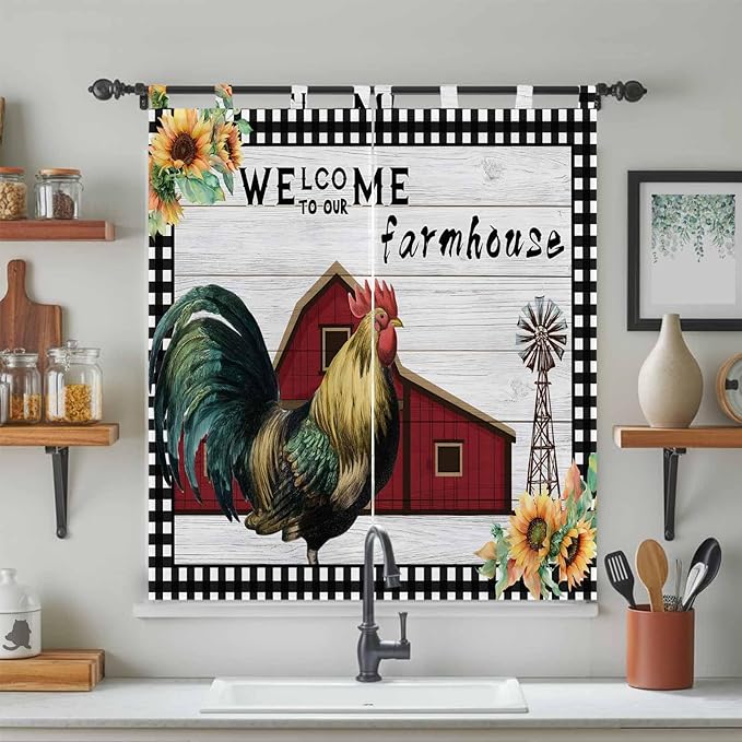 Farmhouse Rooster Bathroom Curtains 63 Inch Length, Window Curtains Tab Top, Rustic Red Barn Windmill Sunflowers Light Filtering Window Treatments Drapes 52"x63" 2 Panel