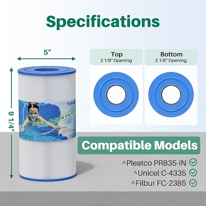 TOREAD Replacement for Spa Filter PRB35-IN, Unicel C-4335, Guardian 409-219, Filbur FC-2385, 03FIL1300, 17-2482, 25393, 303557, 817-3501, R173431, 35 sq.ft, 5 X 9 Drop in Hot Tub Filter, 2 Pack
