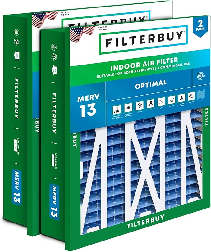 Filterbuy 20x25x5 Air Filter MERV 13 Optimal Smoke & Allergy Defense (2-Pack), Electrostatic Pleated HVAC AC Furnace Filters Replacement for Honeywell Return Grille (Actual Size: 18.38 x 23.38 x 3.69)