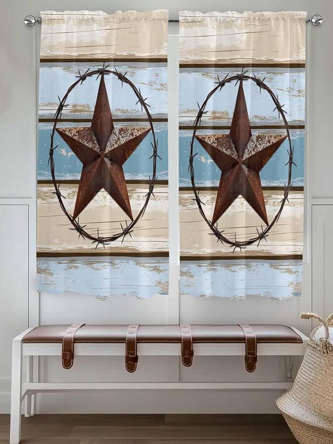 Vintage Western Star on Wood Grain Window Valance Curtains, Retro Wooden Texture Light Filtering Kitchen Valance with 3-inch Rod Pocket for Living Room Bathroom Bedroom,2 Panel,42x63In