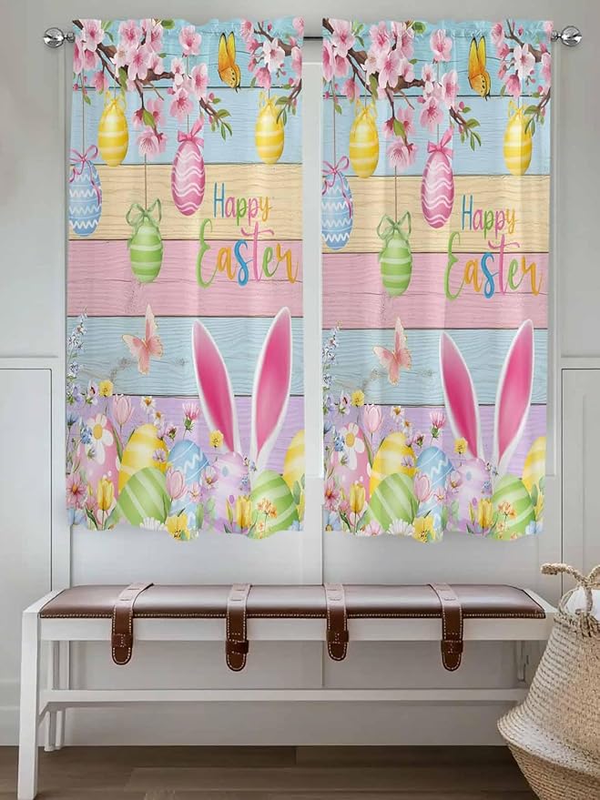 Colorful Easter Bedroom Curtains 63 Inches length, Spring Watercolor Bunny Egg Flower Wood Grain Window Treatment Curtain Drapes, Rod Pocket Curtain Panels for Living Room Kitchen, 42"x63", 2 Panels