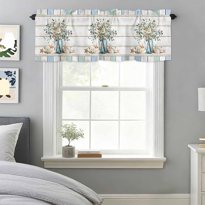 Kitchen Valances for Window, Ocean Starfish Conch Shell Eucalyptus Light Filtering Rod Pocket Valance Curtain, Colorful Wood Grain Short Curtains Window Topper for Bedroom Living Room 42x12in